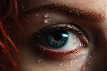 Fototapeta premium A close-up view of a person's eye with small water droplets on the surface. This image captures the beauty and intricacy of the eye, highlighting the glistening droplets.
