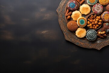 Ramadan food made from assorted middle eastern sweets maamoul, basbousa, awameh. Concept of celebration traditional arabic Eid al Adha, Eid al Fitr  
Еmpty space for text.

