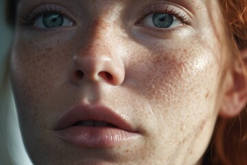 Obraz premium A detailed view of a woman's face showing her unique freckles. This image can be used for beauty and skincare concepts