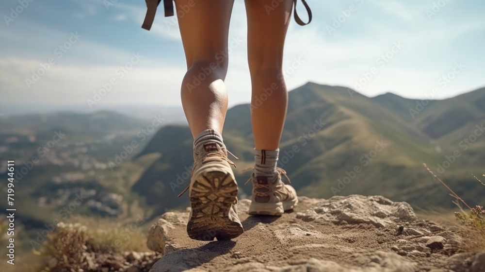 Poster a person standing on top of a mountain, wearing a backpack. this image can be used to represent adve