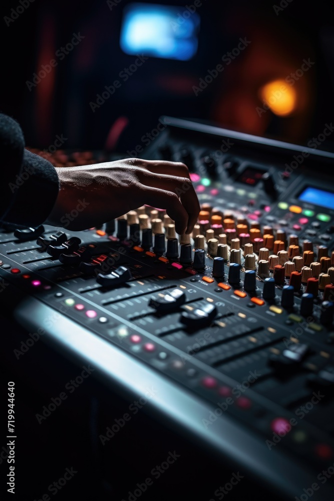 Aufkleber A person using a sound mixer in a recording studio. Ideal for projects related to music production and audio engineering