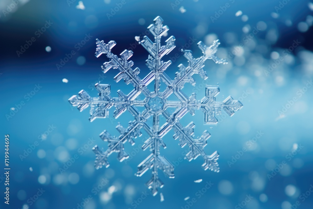 Poster a close-up view of a snowflake on a vibrant blue background. perfect for winter-themed designs and h