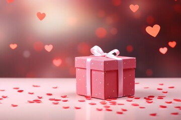 A pink gift box on a pink table strewn with heart-shaped confetti. Celebrating Valentine's Day, wedding, anniversary or birthday, love, copy space
