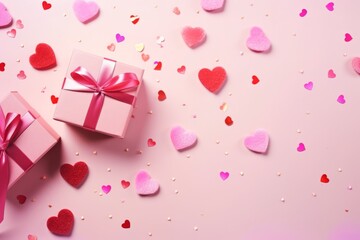 Two pink gift boxes on a pink table strewn with heart-shaped confetti. Celebrating Valentine's Day, wedding, anniversary or birthday, love, copy space
