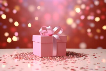 Pink gift box on a pink table strewn with confetti. Celebrating Valentine's Day, wedding, anniversary or birthday, love, copy space, 
