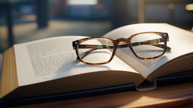 An open book with a pair of glasses placed on top. This image can be used to represent studying, education, or reading