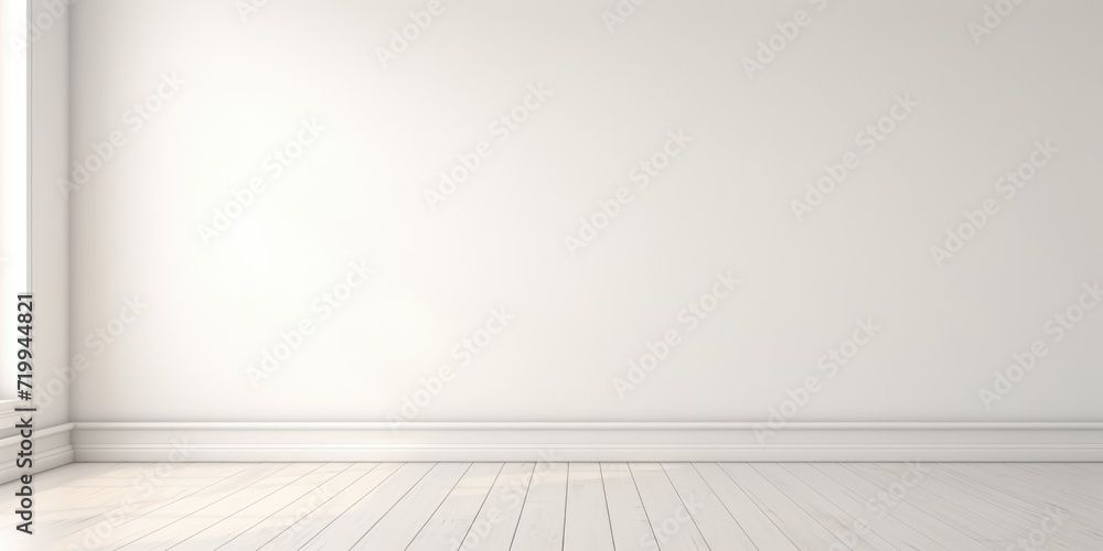 Aufkleber A simple and minimalist empty room with white walls and wood floors. Ideal for showcasing furniture or for creating a clean and modern atmosphere.