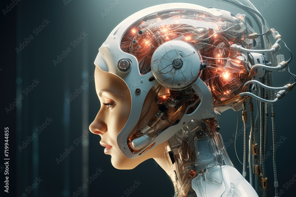 Poster Close up view of a person with a robot head. Versatile image suitable for technology, artificial intelligence, or futuristic concepts
