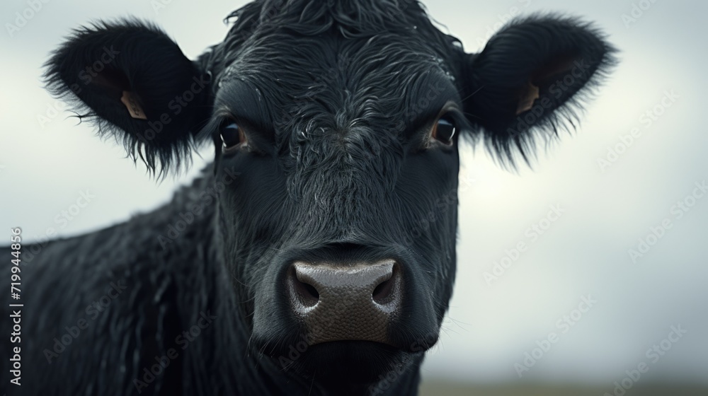 Poster a detailed view of a black cow's face. this image can be used in agricultural or farming-related pro