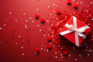 Red gift box with white ribbon on red table with heart shaped confetti. Wedding, anniversary or birthday celebration with copy space, flat lay,