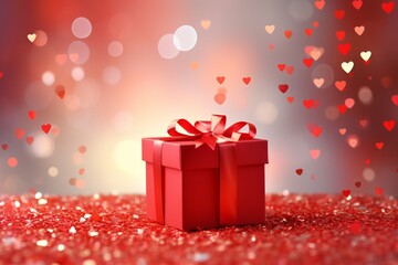 Red gift box on a red table strewn with confetti. Celebrating Valentine's Day, wedding, anniversary or birthday, love, copy space, 