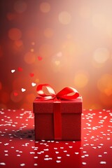 Red gift box on a red table with heart-shaped confetti on a blurred background. Celebrating Valentine's Day, wedding, anniversary or birthday, love, copy space, vertical
