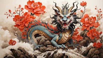 Tuinposter traditional chinese dragon painting wallpaper © Johan Wahyudi