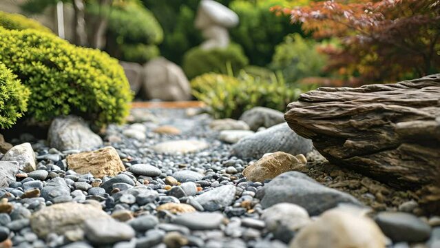 A Zen garden featuring a variety of textures including smooth stones and rough bark.
