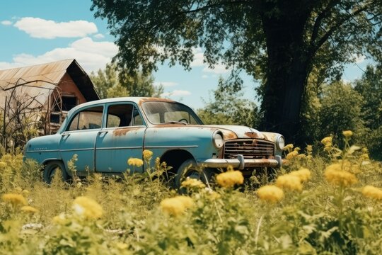 An old car sitting in a field of vibrant yellow flowers. Perfect for automotive or nature-themed designs