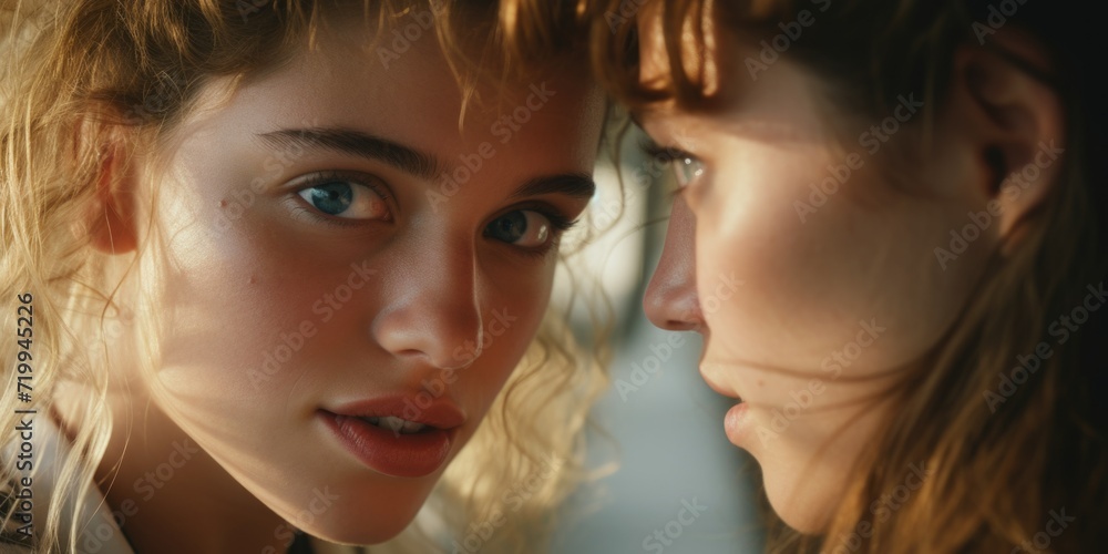Poster two women engaged in a close-up eye contact, conveying a sense of connection and understanding. suit