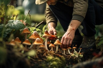 Fototapeta na wymiar A man is seen picking mushrooms from the ground. This image can be used to depict foraging, nature, or food-related themes