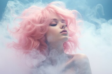 A woman with vibrant pink hair surrounded by a cloud of smoke. This image can be used to create a mysterious and edgy atmosphere
