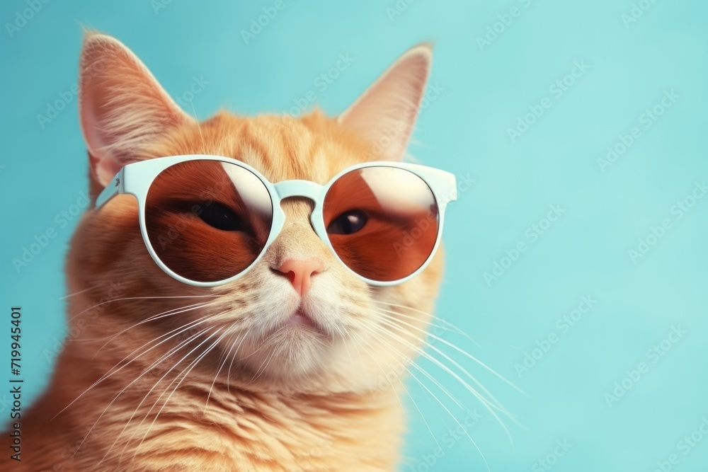 Poster an orange cat wearing white sunglasses against a vibrant blue background. perfect for adding a touch