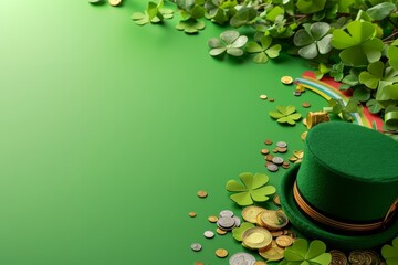 Green leprechaun top hat with clover leaves and gold coins on a green background. St. Patrick's Day celebration, good luck and fortune concept, copy space