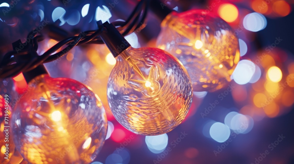 Poster A close up view of a string of lights. Perfect for adding a warm and festive touch to any occasion