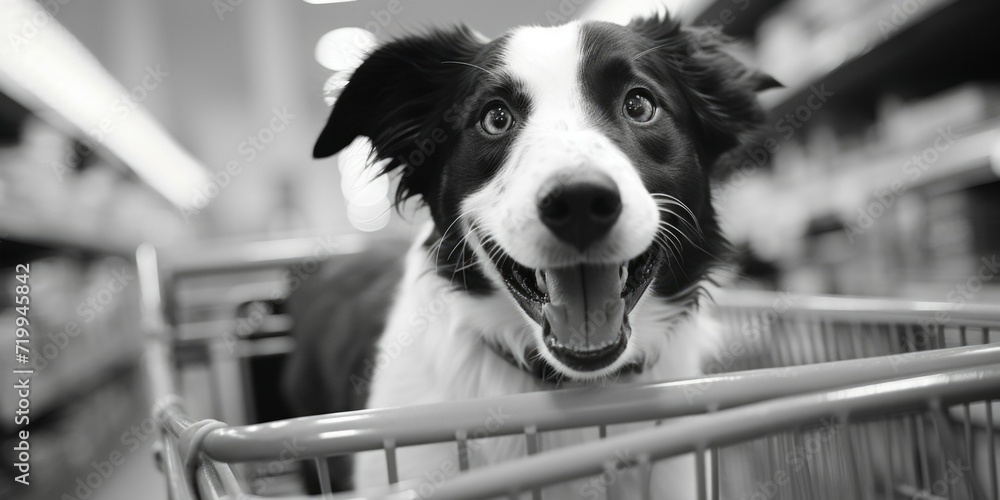 Canvas Prints A black and white photo of a dog sitting in a shopping cart. Suitable for various uses