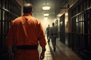 A man in an orange shirt walking down a hallway. Perfect for illustrating movement and a sense of direction. Ideal for use in marketing materials or website banners