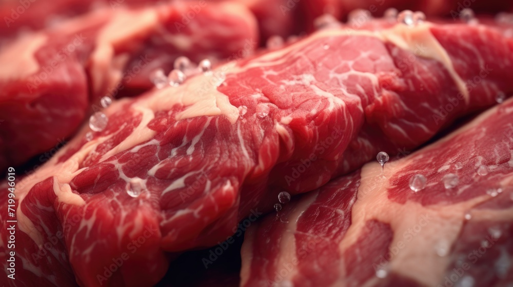 Poster a pile of raw meat stacked on top of each other. perfect for food preparation or butcher shop concep
