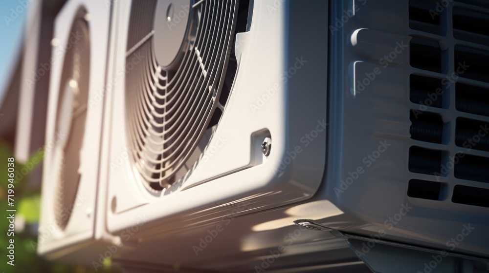 Poster a white air conditioner sitting on top of a building. can be used to depict urban architecture or en