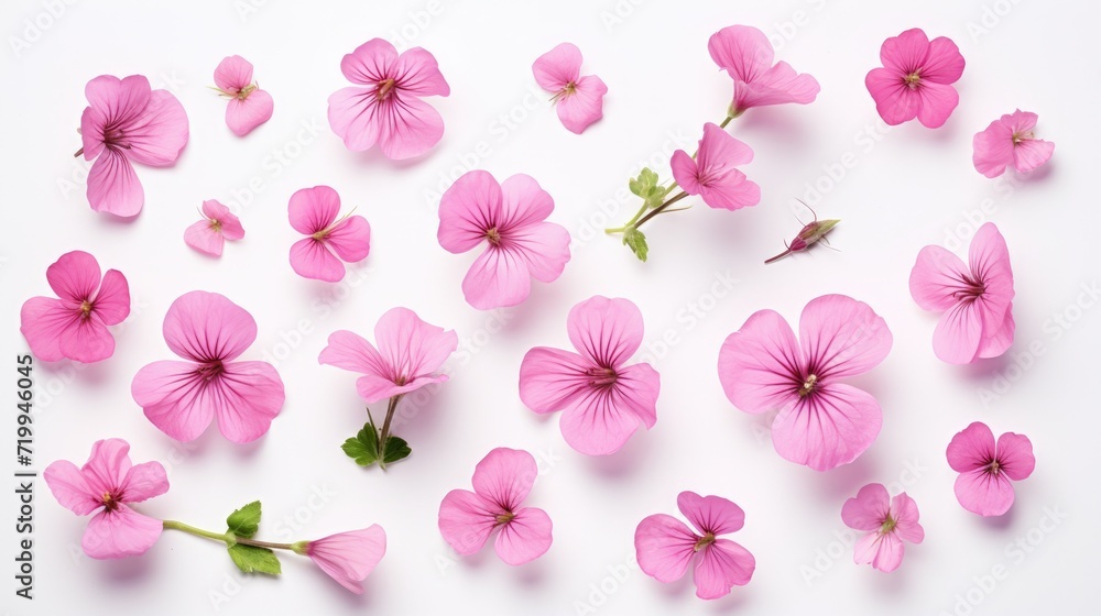 Poster a group of pink flowers on a white surface. perfect for adding a touch of elegance to any project