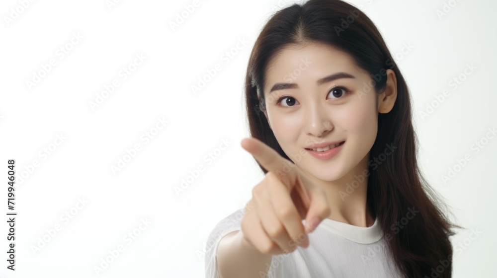 Poster a woman with a smile on her face pointing directly at the camera. suitable for various uses