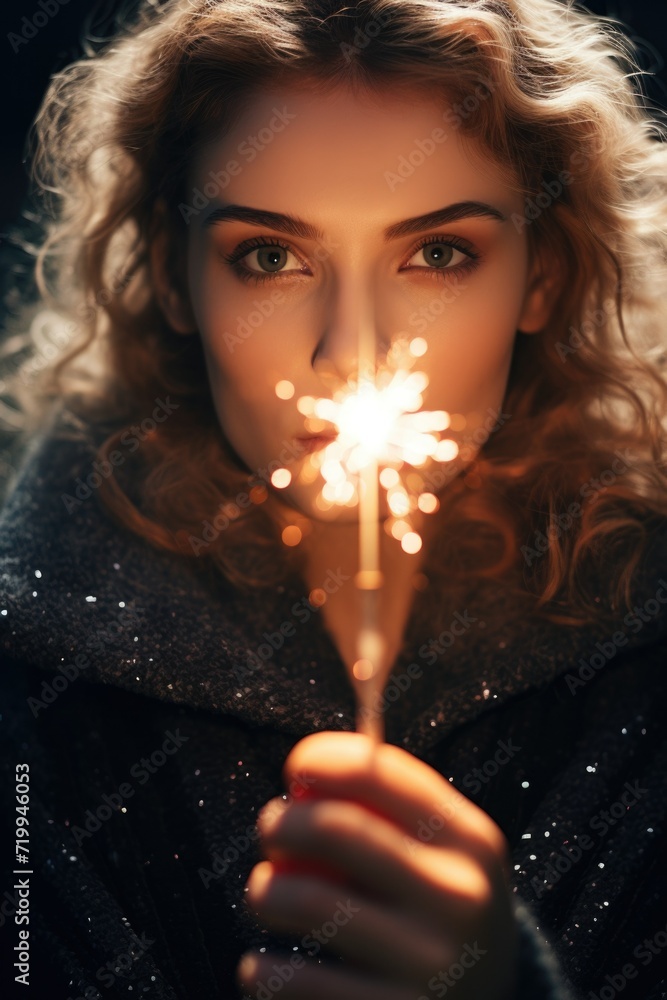 Poster a woman holding a sparkler in her hand. perfect for celebrating special occasions and adding a touch