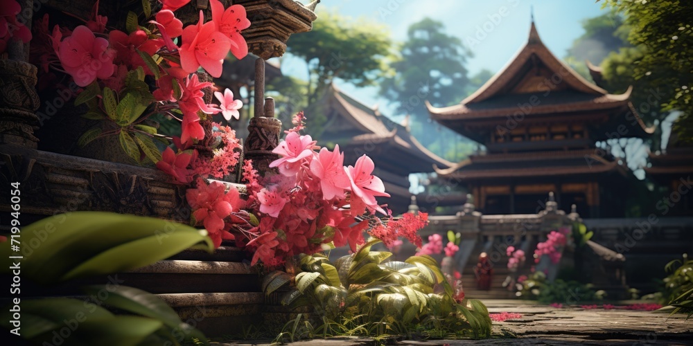 Poster A beautiful bunch of pink flowers displayed in front of a building. Perfect for adding a touch of elegance to any project or design