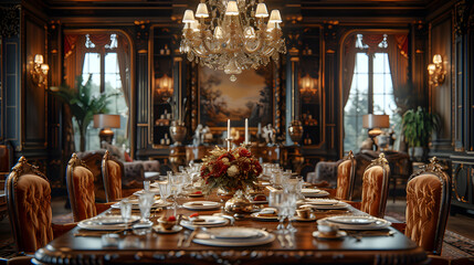 Fototapeta na wymiar Classic, Dining Room, Grand Chandelier, Wood, Velvet, Close-up, Earthy Tones, Traditional, Warm Ambiance, Formal Dining