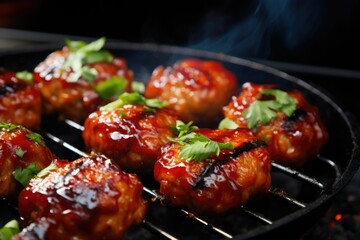 Close up of meatballs cooking on a grill. Perfect for food enthusiasts and barbecue lovers.