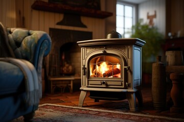 A cozy living room with a wood burning stove. Perfect for creating a warm and inviting atmosphere. Ideal for home decor and interior design concepts
