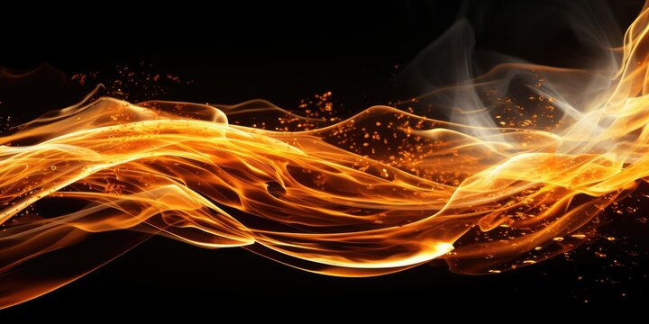 A close-up view of a fire burning on a black background. This image can be used to create a dramatic and intense atmosphere