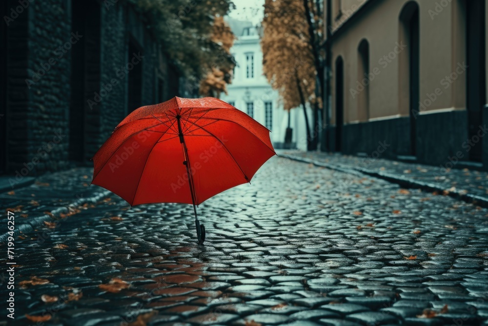 Poster A red umbrella sits on a picturesque cobblestone street, creating a charming scene. Perfect for adding a pop of color to any project or for illustrating rainy weather