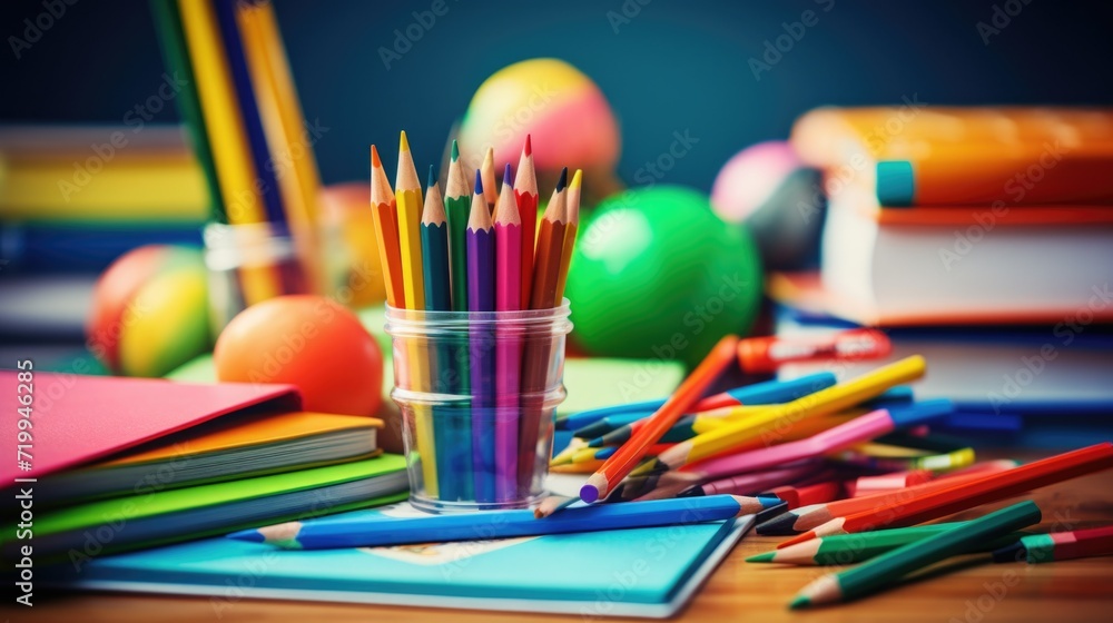 Poster a cup filled with colored pencils sitting on top of a table. perfect for art and creativity concepts