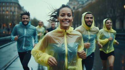 A group of people running in the rain. Suitable for sports, fitness, and rainy day activities