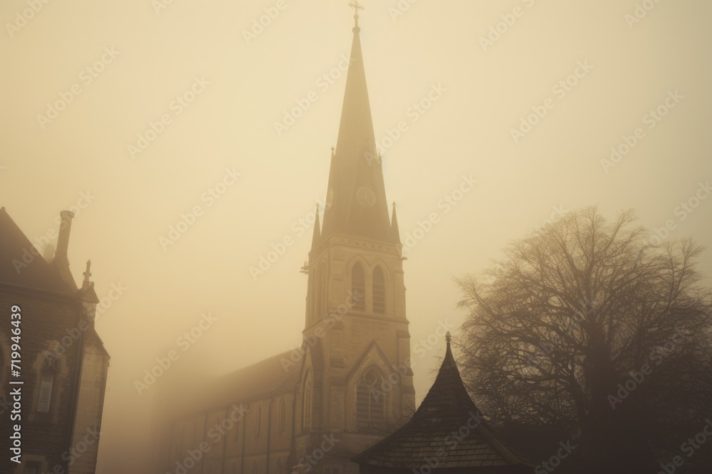 Poster a mysterious church with a steeple engulfed in fog. perfect for creating an eerie atmosphere. ideal 