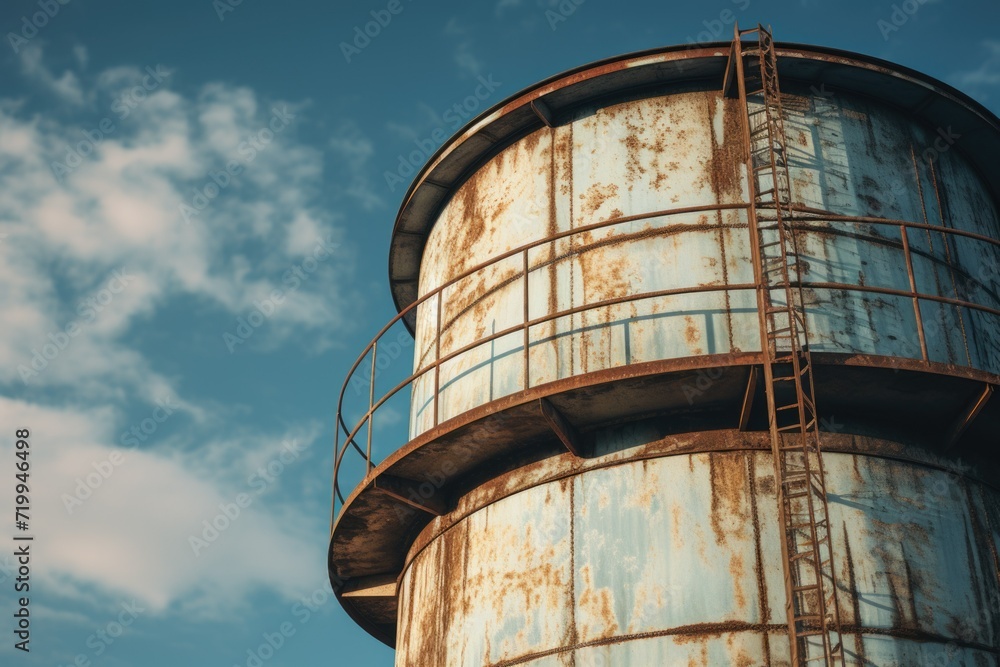 Poster an image of a rusted water tower with a clear blue sky in the background. suitable for various uses