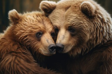 Obraz premium Two brown bears cuddling together. Ideal for nature and wildlife enthusiasts.