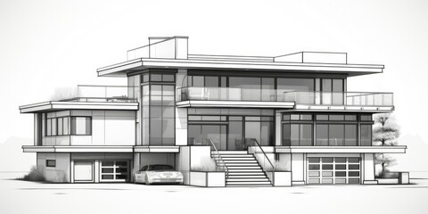 A drawing of a modern house with stairs. Ideal for architectural design projects or real estate brochures
