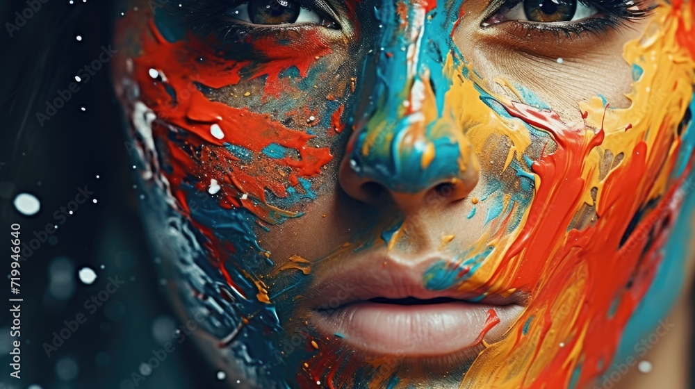 Poster A close-up image of a person with paint on their face. This versatile picture can be used for various purposes