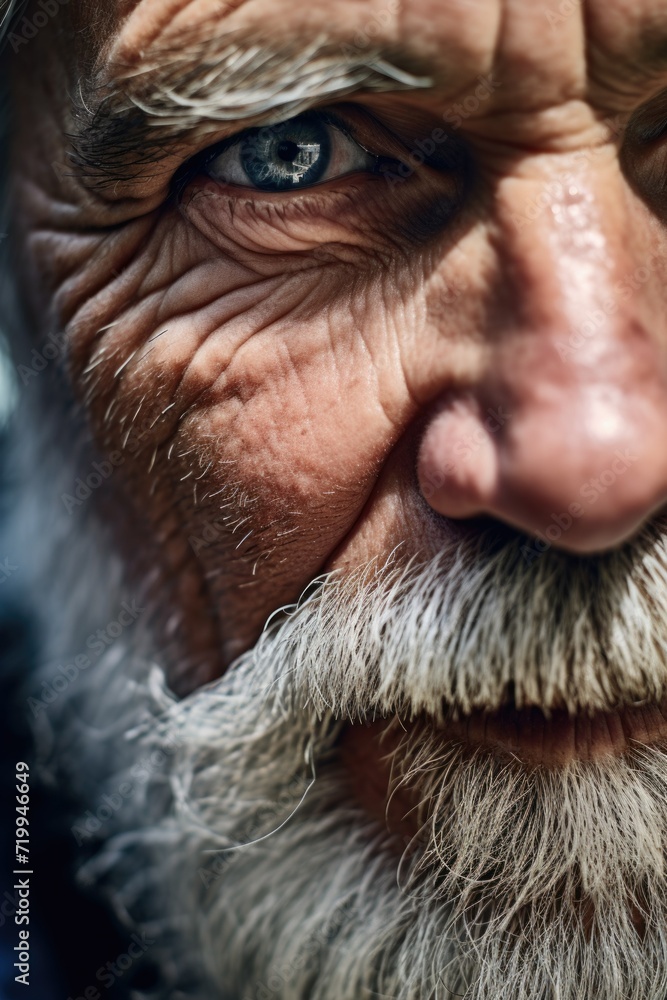 Poster a detailed view of a man with a beard. versatile for various uses