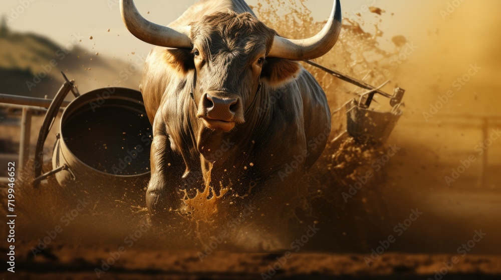 Poster a powerful bull with large horns running in the dirt. this image can be used to depict strength, pow