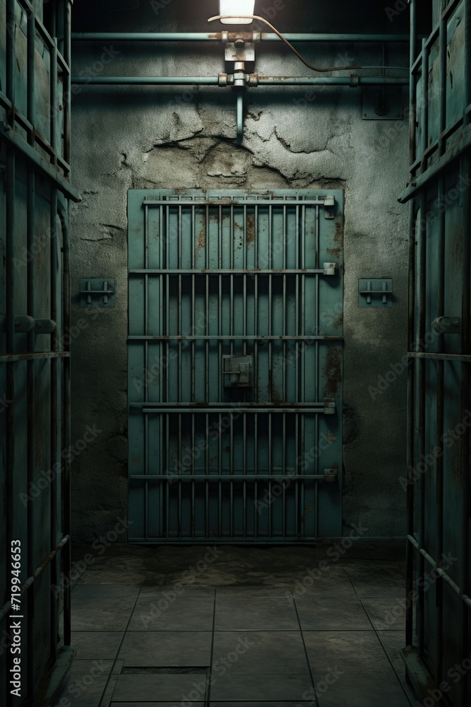 Poster a jail cell door with a light shining through. perfect for illustrating the concept of confinement o