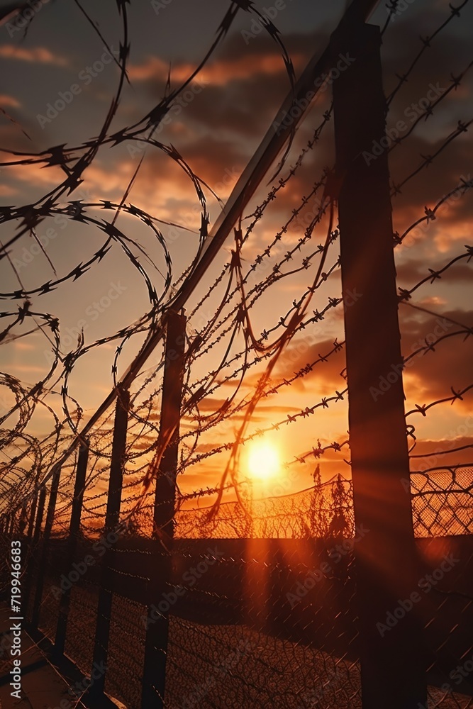 Aufkleber a beautiful sunset with the sun setting behind a barbed wire fence. this image can be used to repres