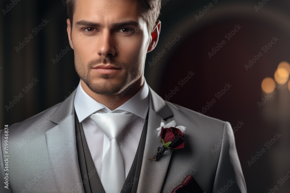 Poster a man in a suit and tie confidently posing for a picture. suitable for professional and corporate co